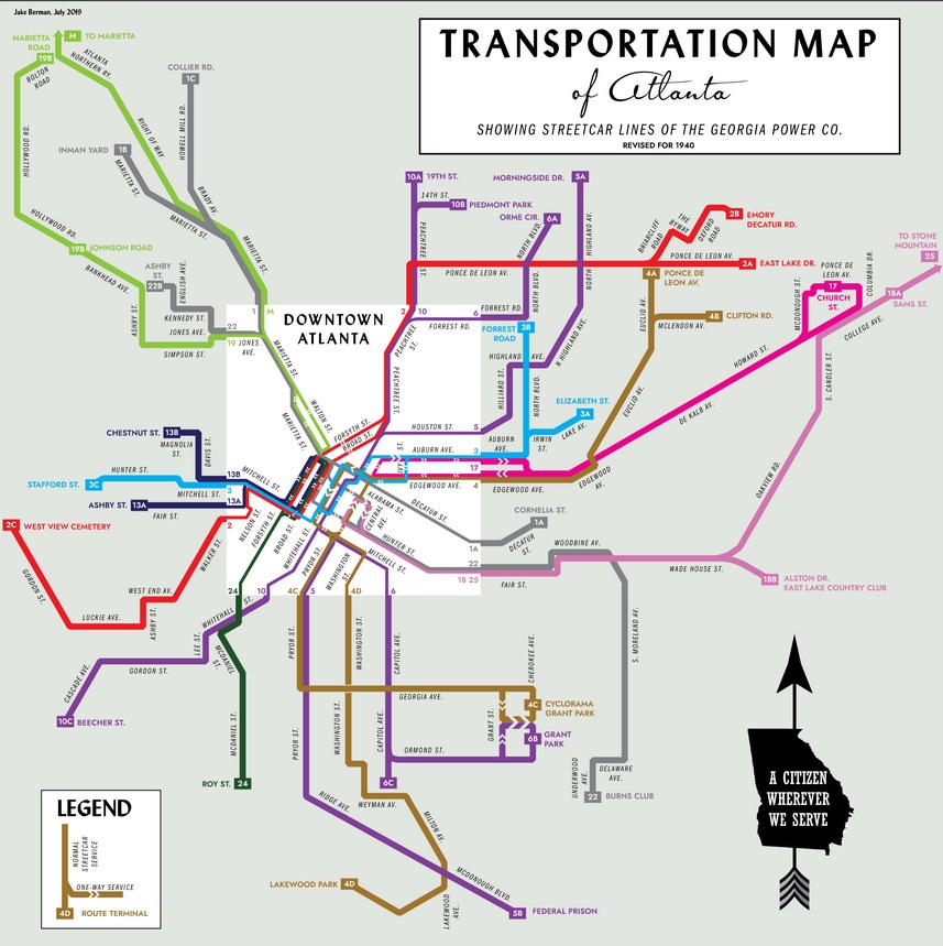 Map of Atlanta streetcar system around 1910