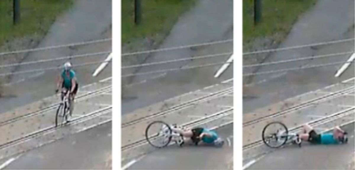 Bike falls on tracks